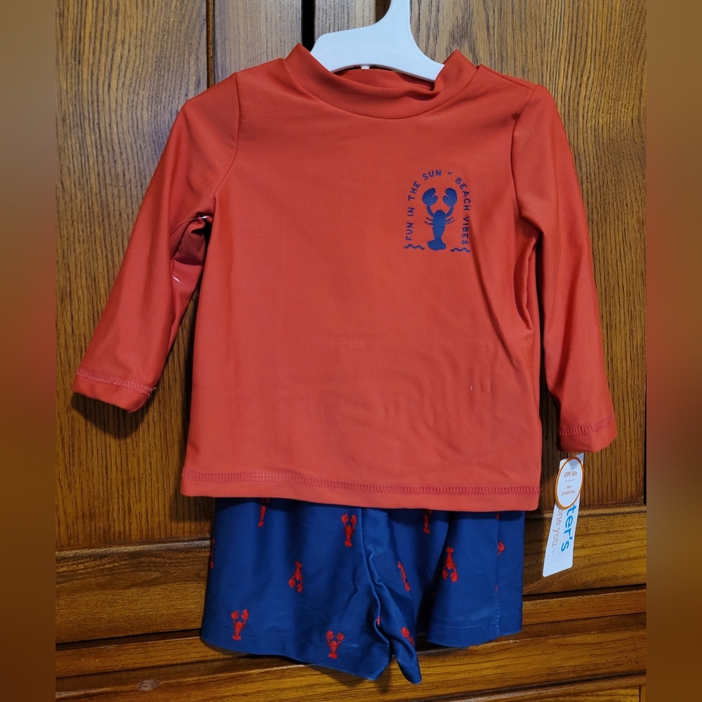 Kids Red Long-Sleeve Swim Rashguard Set with Navy Lobster Shorts